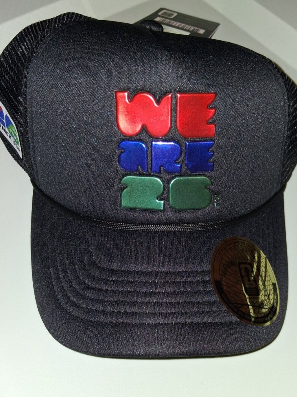 We Are One Black Trucker Hat with Red/Blue/Green Logo